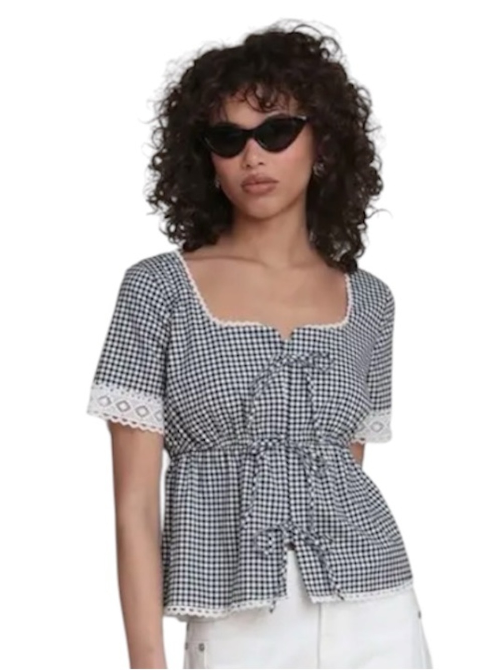 BAGATELLE Square Neck Tie Front Top Black White Gingham EUC Sz Large